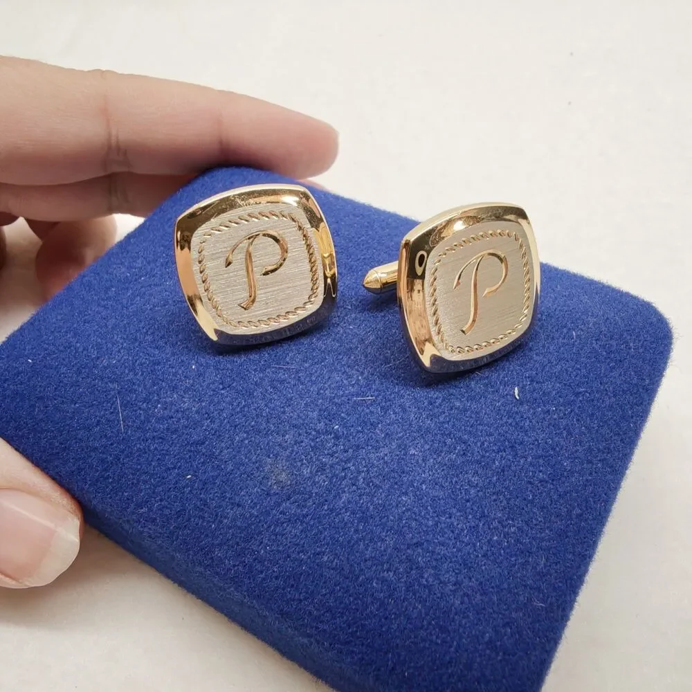 Vintage Swank Gold Tone Initial P Cufflinks Monogram Letter Blue Box Set Wedding